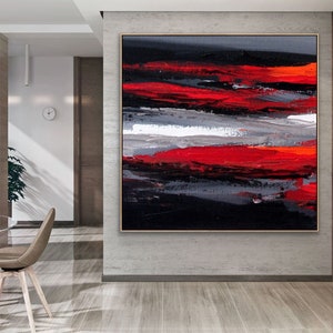 96" Large Wall Art Original Abstract Painting Black Red Gray Painting ...