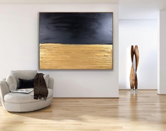 Large Wall Art for Living Room Black Gold Abstract Painting Textured Canvas Minimalist Modern Wall Decor Oversized Custom Size MA0059