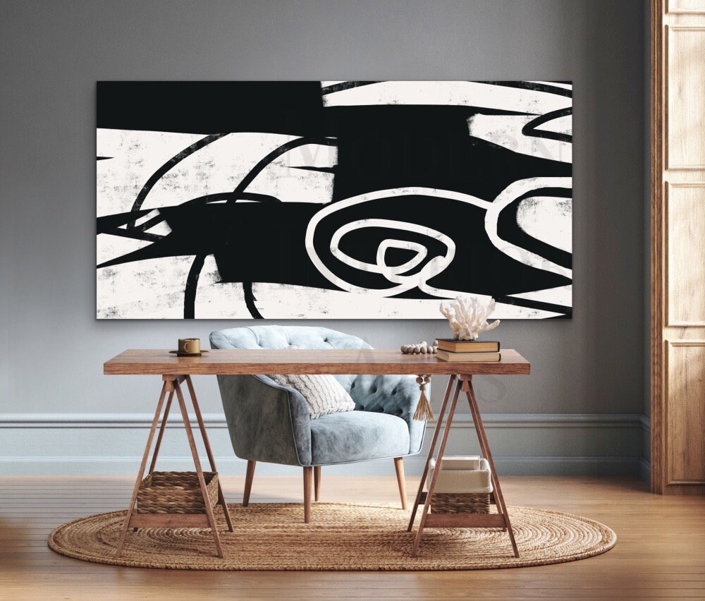 Large Abstract Wall Art Black and White Painting Modern Canvas Textured ...