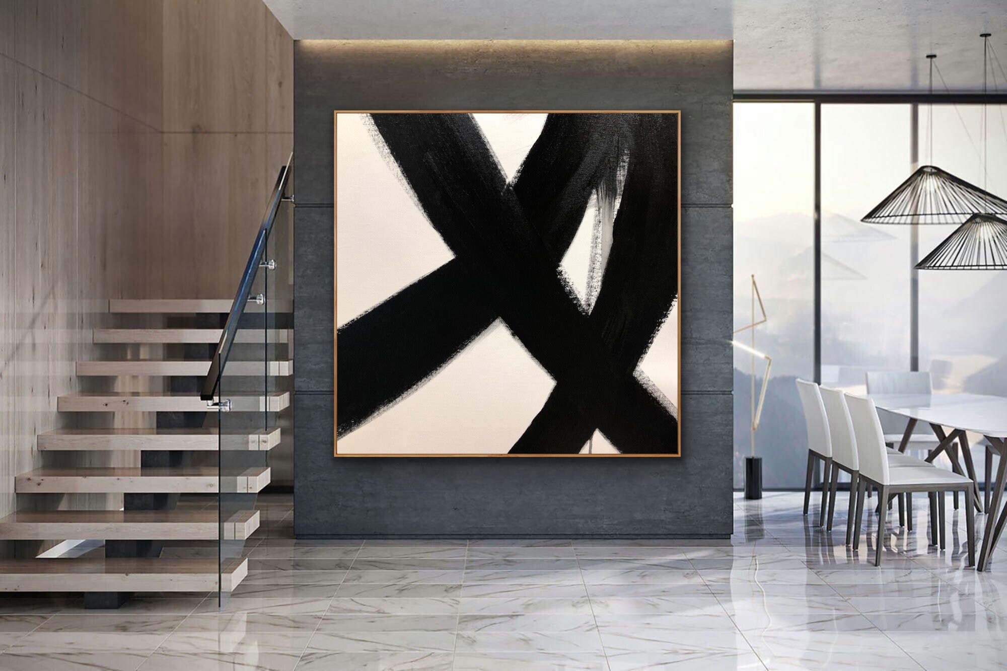 Extra Large Wall Art Original Abstract Painting Black and White Minimal ...