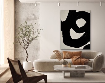 White painting minimalistic art geometric art black painting home decor midcentury modern art wall decor handmade painting on canvas MOD33