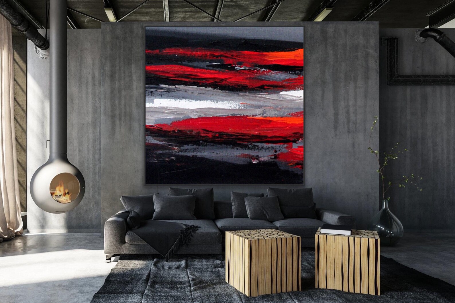 96" Large Wall Art Original Abstract Painting Black Red Gray Painting ...