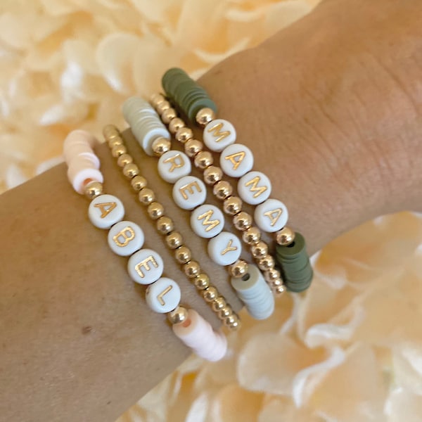 Personalized Heishi Bead Bracelet: Gold Accent, Custom Name Jewelry, Gift for Mom, Mama Jewelry