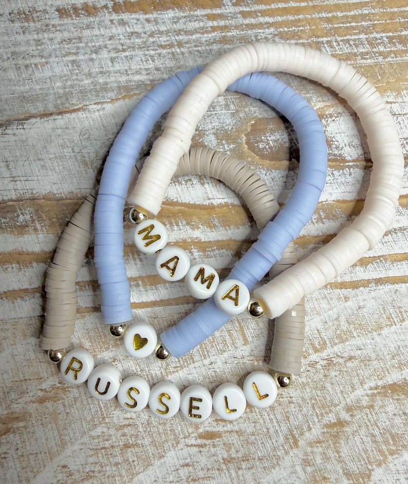 Personalized Clay Disc Beaded Bracelet: Gold Name Stacking Bracelet ...