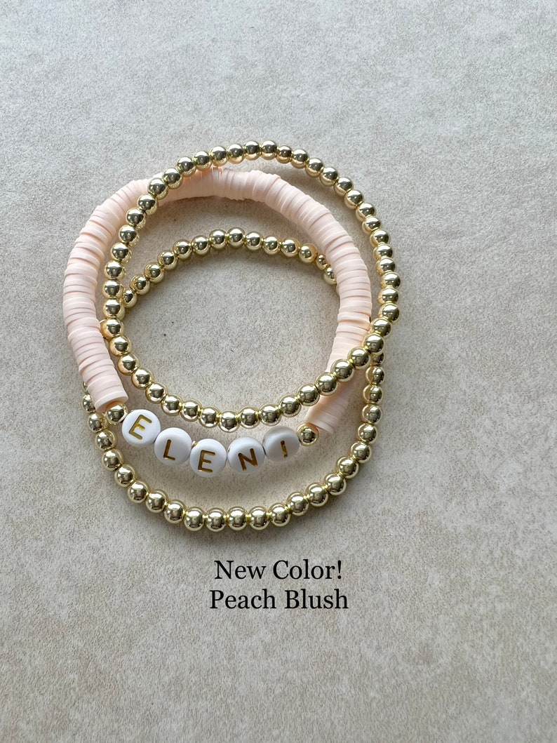 Personalized Heishi Beaded Name Bracelet, Custom Beaded Word Bracelet, Heishi Bracelet, Gold Ball Bracelet, Polymer Clay Disc Bracelet image 6