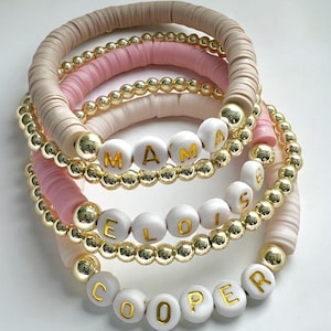 Bracelet prénom personnalisé en perles Heishi : accents dorés, bijoux personnalisés