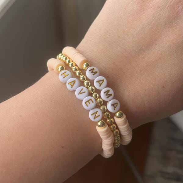 Personalized Clay Disc Beaded Bracelet: Gold Name Stacking Bracelet ...
