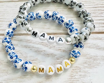 Blue Floral Porcelain Personalized Name Beaded Bracelet, Custom Word Beaded Bracelet, Mama Bracelet, Name Bracelet