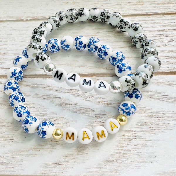 Blue Floral Porcelain Personalized Name Beaded Bracelet, Custom Word Beaded Bracelet, Mama Bracelet, Name Bracelet