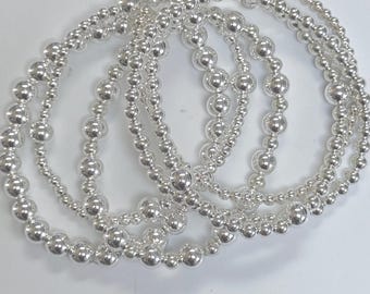 Sterling Silver Plated Beaded Stretch Bracelet, Stackable Jewelry, 3mm 4mm 6mm Beads