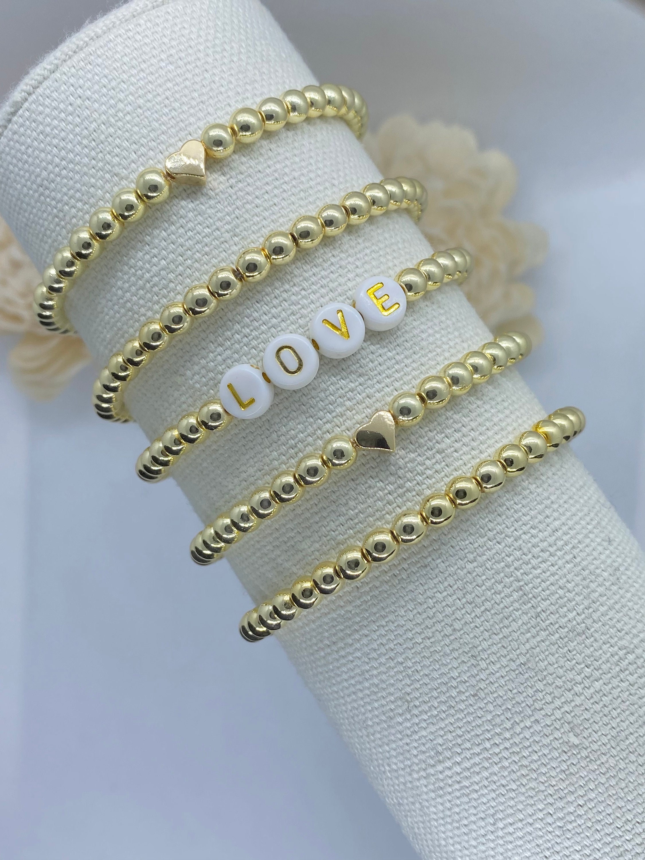 SLOONG Custom Letters Name Beads Stretch Bracelet Initial  Personalized Bracelet Gold Plating Bracelet for Women Mom Mother Girlfriend  Initial Alphabet A-Z (custom): Clothing, Shoes & Jewelry
