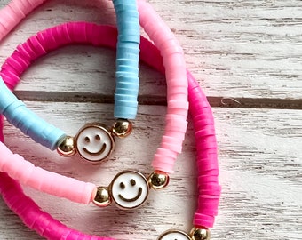 NEW! Heishi Beaded Smiley Bracelets | Personalized Beaded Bracelets | Happy Face Bracelets | Gift For Kids | Womans Bracelets |