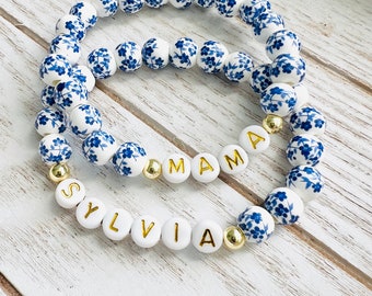 Blue Floral Porcelain Personalized Name Beaded Bracelet, Custom Word Beaded Bracelet, Mama Bracelet, Name Bracelet