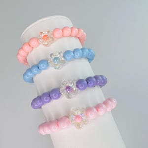 Girls Flower Charm Bracelet: Pastel Beaded Stacking Jewelry