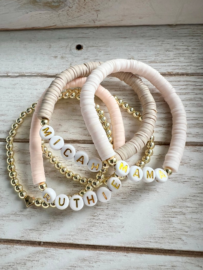 Personalized Clay Disc Beaded Bracelet: Gold Name Stacking Bracelet ...