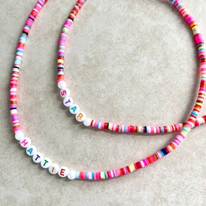 Personalized Toddler Necklace: Rainbow Heishi Beads, Kids Name Jewelry, Beaded Girls Necklace