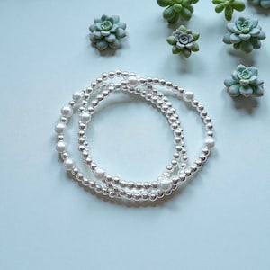 Beaded Silver Bracelet: Pearl Stacking Bracelet for Women