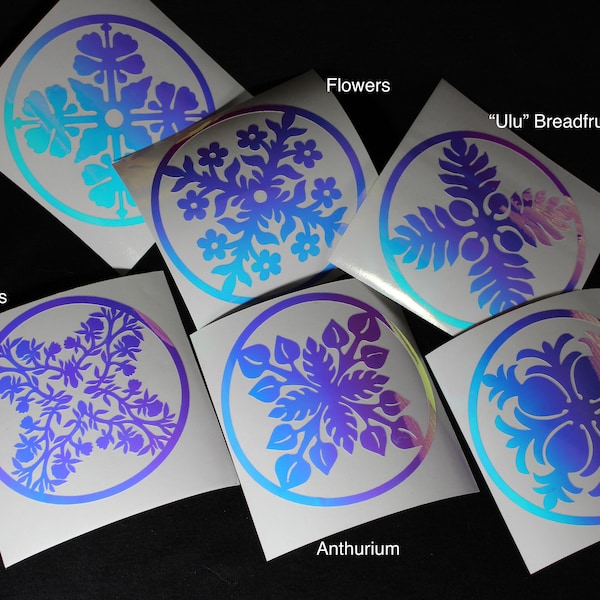 Hawaiian Quilt Holographic Vinyl Stickers/Decals / Pineapple/Rose/Ulu Breadfruit/Anthurium/Hibiscus/Flowers