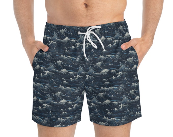 Rough water patterned swim trunks