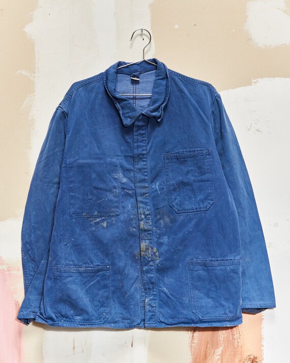 Utility French Workwear Style Shirt Vintage Indigo Blue Herringbone Cotton Chore Jacket M Unisex German Workwear Shirt