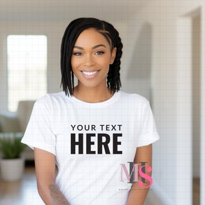Stylish Black Woman Mockup: White T-Shirt on Bella Canvas Model for African American Lifestyle Branding