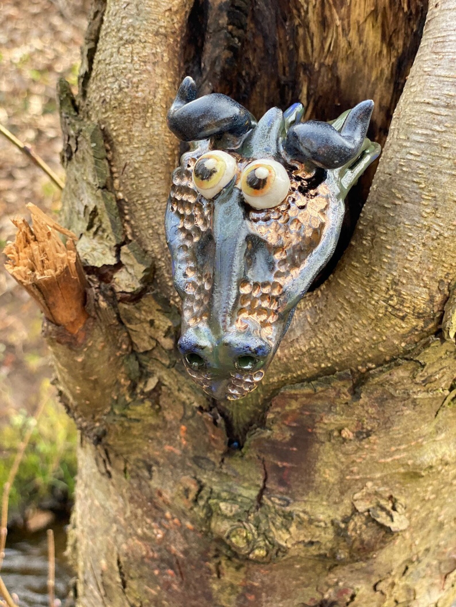 Ceramic Dragon Head Small Bronze With Dark Blue Curved Horns Etsy