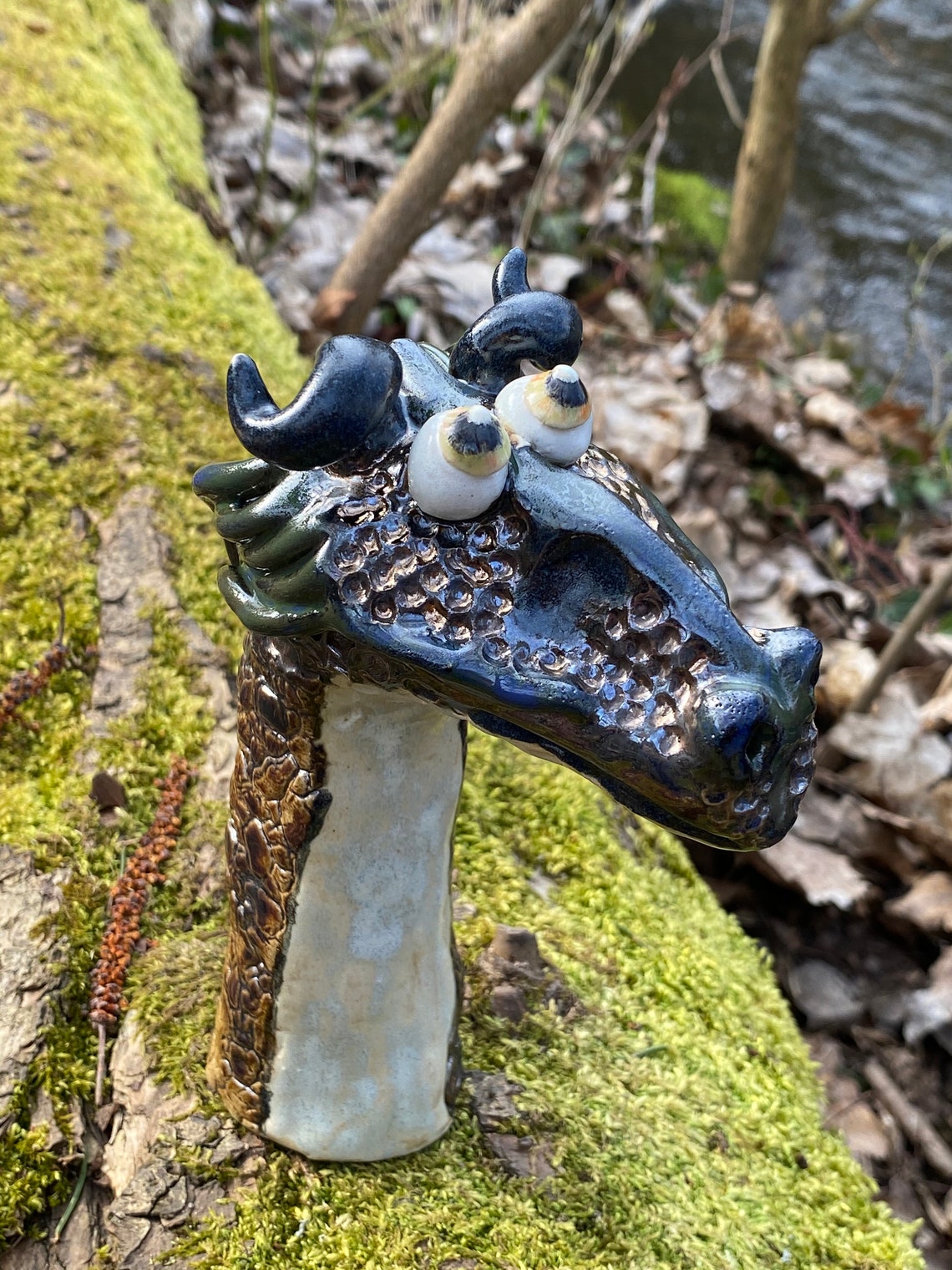 Ceramic Dragon Head Small Bronze With Dark Blue Curved Horns Etsy