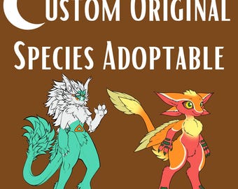 May include: A digital illustration on a brown background with the text CUSTOM ORIGINAL SPECIES ADOPTABLE. Two anthropomorphic creatures are shown: one with white fur and teal legs, and another with orange and red fur with yellow accents.