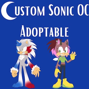 May include: A digital illustration on a blue background with the text CUSTOM SONIC OC ADOPTABLE. Two anthropomorphic characters are shown: one with grey, blue, and red fur, and another with brown fur, pink hair, a green shirt, and yellow boots.