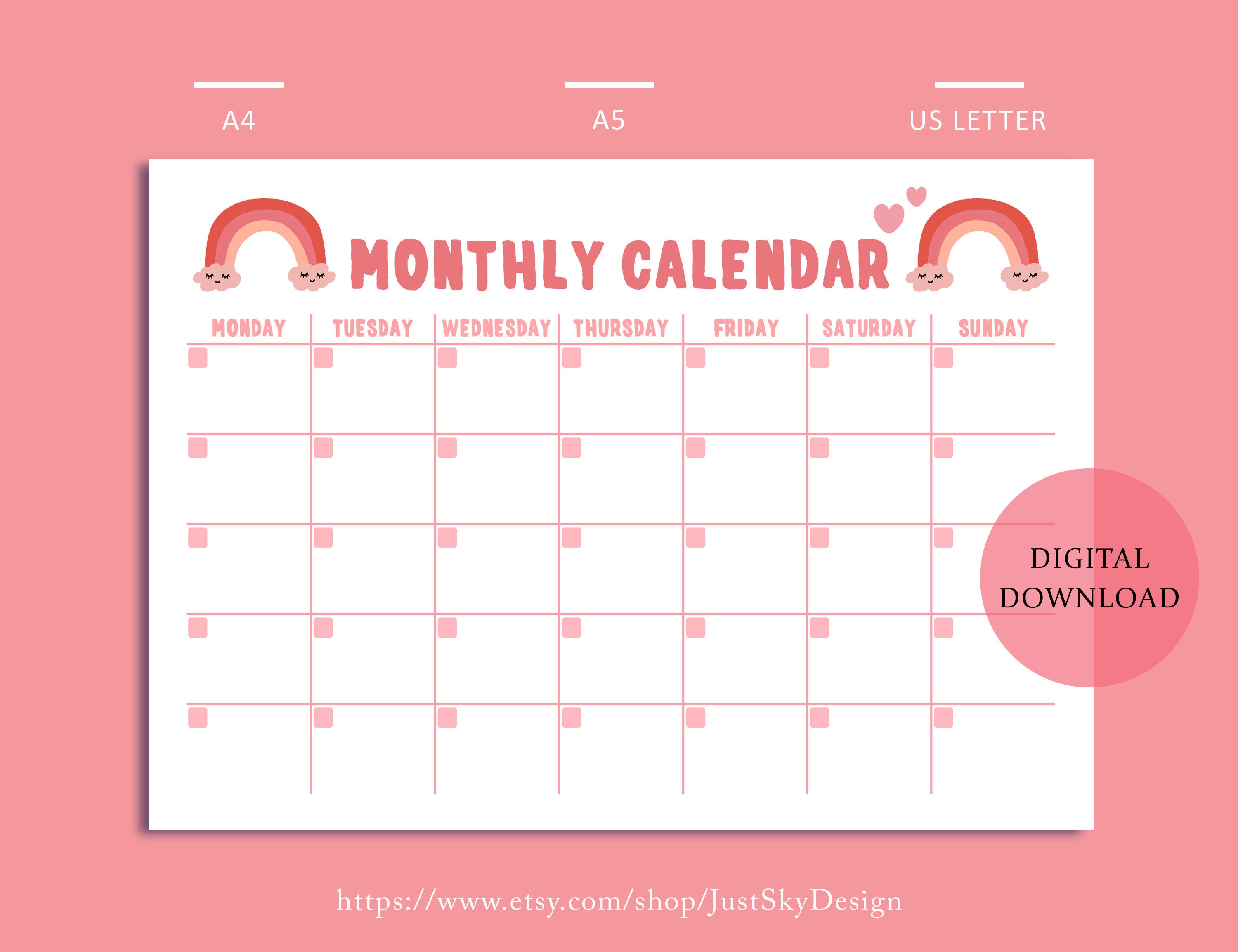 Monthly Planner Printable Calendar Kids Calendar Digital | Etsy