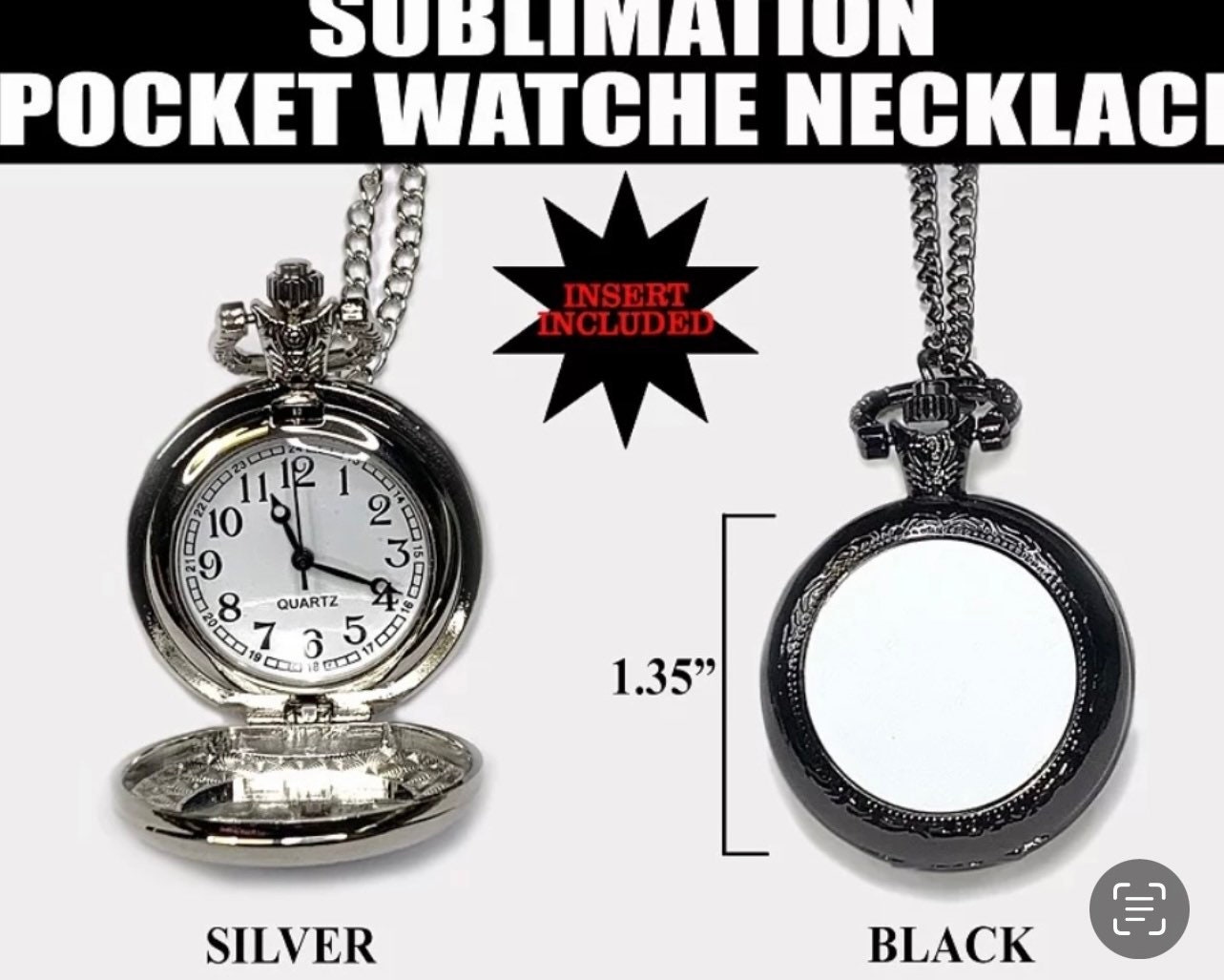 Sublimation pocket watch comes in silver, and gold available.   Sold blank for sublimation.