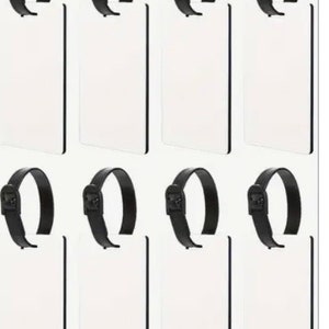 May include: Set of eight blank white luggage tags with black adjustable straps. The tags are rectangular and have a smooth surface.