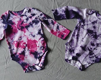 Naturally Dyed Baby Onesies | Tie-dye | Organic cotton | Cochineal + Logwood | Long sleeved | Boho baby | Sustainable fashion