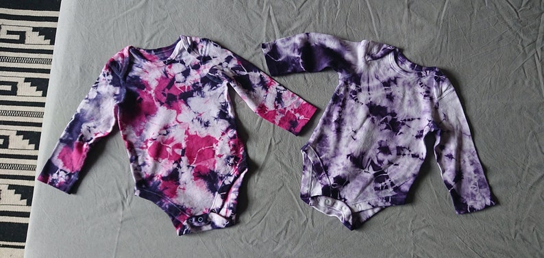 Naturally Dyed Baby Onesies Tie-dye Organic cotton Cochineal Logwood Long sleeved Boho baby Sustainable fashion image 1