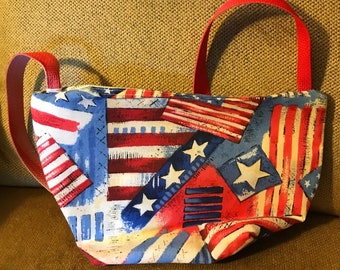 Patriotic Shoulder bag, zipper close, two pocket, red woven strap.