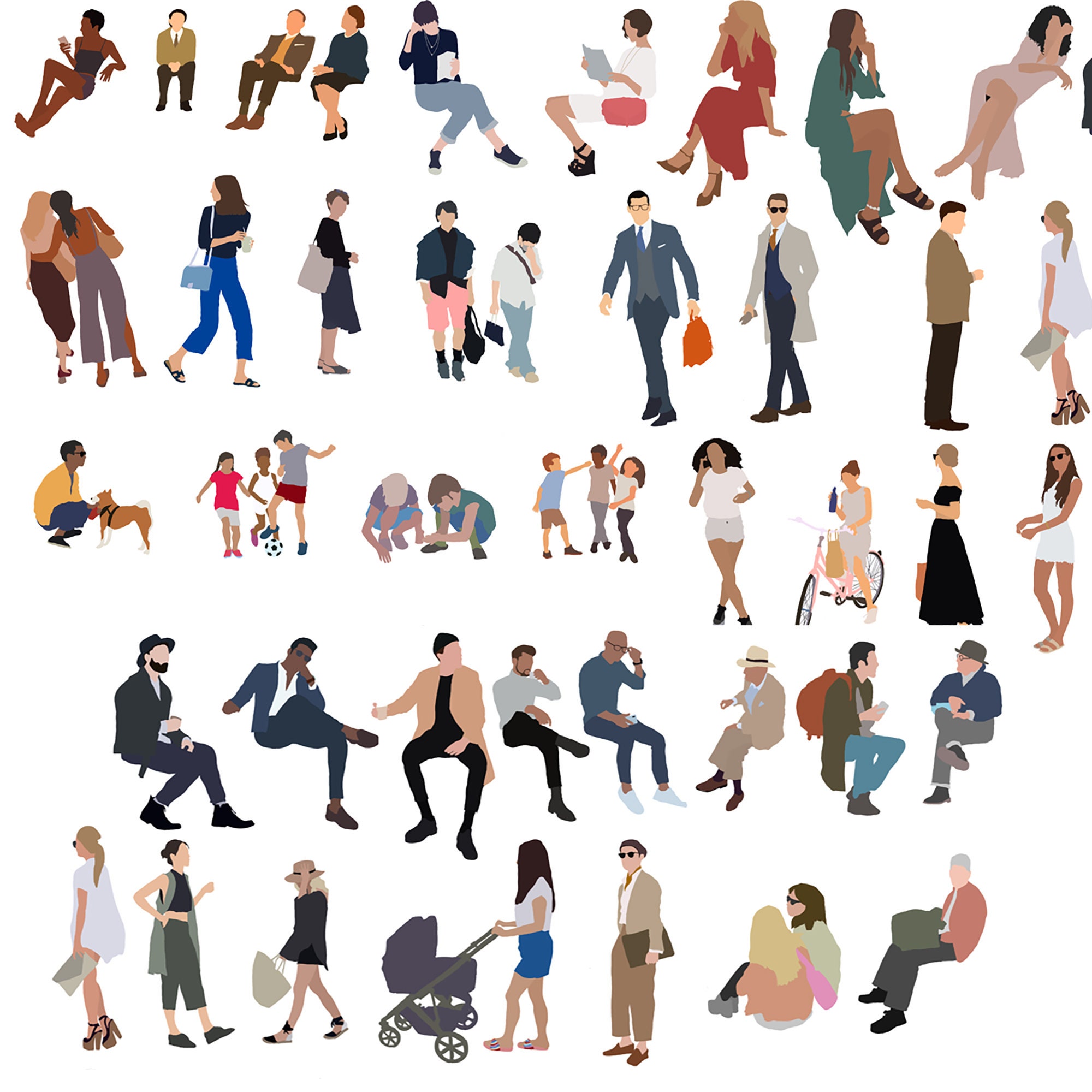 Flat Vector Cutout People 52 Pieces, Architecture Illustration, Diverse