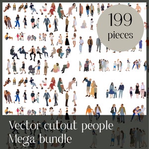 May include: A collection of 199 vector cutout people in various poses and outfits. The people are arranged in a grid pattern on a white background. The text "199 pieces" is displayed in the upper right corner of the image. The text "Vector cutout people Mega bundle" is displayed at the bottom of the image.