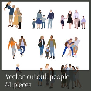 Op de afbeelding: Een set van 81 vector-uitgesneden mensen in verschillende poses en kleding. De mensen zijn in verschillende groepen, sommigen lopen, sommigen spelen en sommigen staan. De mensen zijn allemaal in een platte, cartoonachtige stijl.
