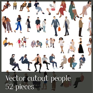 Flat vector cutout people 52 pieces, architecture illustration, diverse figures, transparent PNG image 1