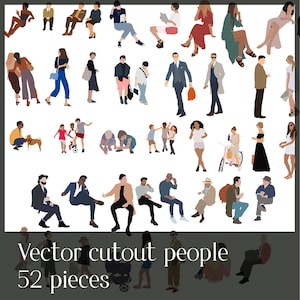 Könnte beinhalten: Ein Satz von 52 Vektor-Ausschnitten von Personen in verschiedenen Posen und Kleidung. Die Personen sind alle in Silhouette und vor einem weißen Hintergrund dargestellt. Vektor-Ausschnitte von Personen.