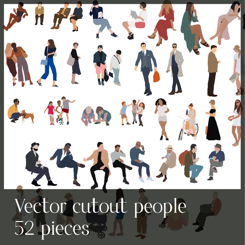 Flat vector cutout people 52 pieces, architecture illustration, diverse figures, transparent PNG image 1