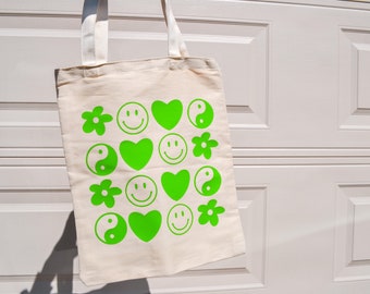 Groovy Vibes Tote Bag | Trendy Tote Bag | Green | Summer Tote Bag | Smiley Face Tote Bag