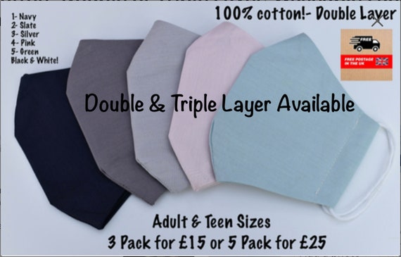 100% Cotton- Double or Triple Layer, Washable Face Mask with elastic Ear Adjusters