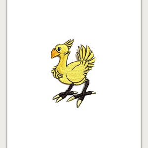 May include: A yellow embroidered patch of a cartoon bird with black legs and blue eyes. The bird is facing left and has a yellow beak.