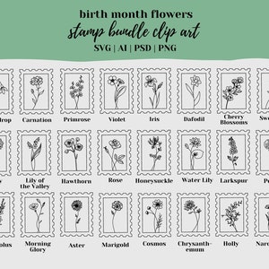 Birth Flowers SVG Bundle | Handdrawn Stamp Clip Art | Birthday Flowers | Birth Month Flower Floral Stamps Vectors