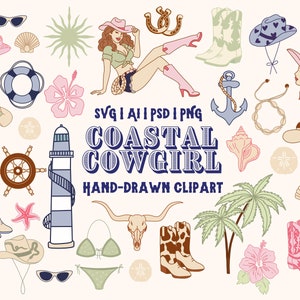 Coastal Cowgirl Elements SVG | Western Cowboy Clipart | Beach Summer Bachelorette Digital Files | Retro Rodeo Aesthetic