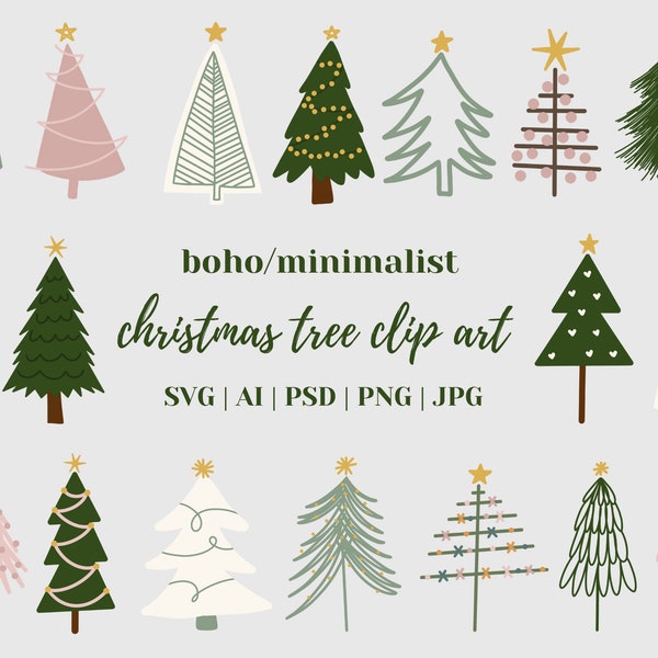 Minimalist Boho Hand-Drawn Christmas Tree SVG | Modern Boho Christmas Tree Clip Art | Hand Drawn Holiday Cutting Files for Crafting