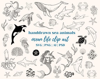 Ocean Life Sea Animals SVG | Under the Sea Ocean Handdrawn Clipart | Tropical Summer Beach Life Line Art Digital Files Bundle