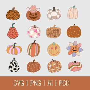 Retro Pumpkin SVG Bundle | Cute Trendy Colorful Halloween Clipart | Spooky Fun Fall Pumpkin PNG | Cowboy Western Disco Pumpkin Cutfiles