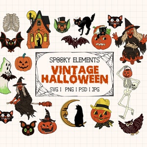 Vintage Halloween SVG Bundle | Retro Halloween Hand Drawn Clipart | Spooky Horror Digital Elements | Cat Pumpkin Witch Ghost Bat Art PNG